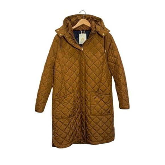 EUC Joules Chatham Womens Quilted Rust Longline Coat W/ Hood & Pockets US 12 - Picture 3 of 15